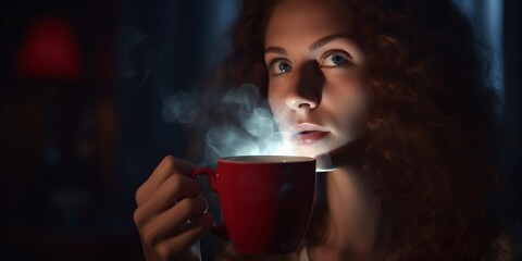 Woman drinking steaming hot cup of coffee on dark background