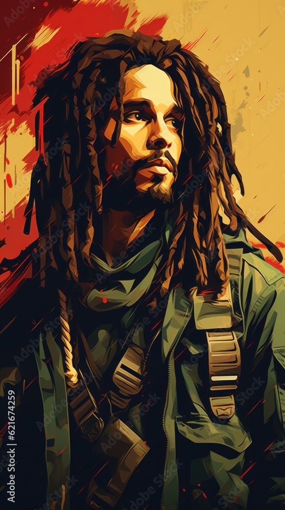 Poster a painting of a man with dreadlocks. generative ai image.