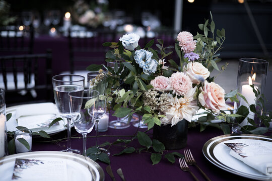 Beautiful Wedding Flowers Bouquet Event Design Arrangement Floral Events Reception Ceremony Love Romantic Tableware Silverware Invitation Centerpiece Glass Bokeh Background Garden Nature Pretty Lights
