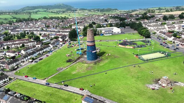 Aerial View of Erecting the Eleventh Night Bonfire Celebrations at Craigyhill Larne Northern Ireland 