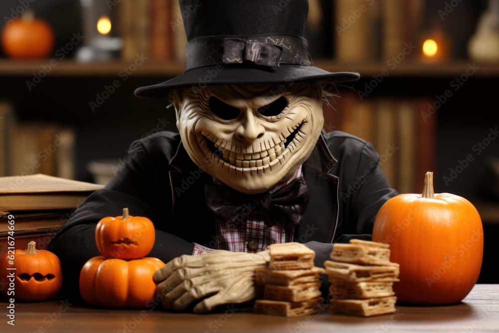 Poster a skeleton in a top hat sitting at a table with pumpkins and crackers. generative ai image.