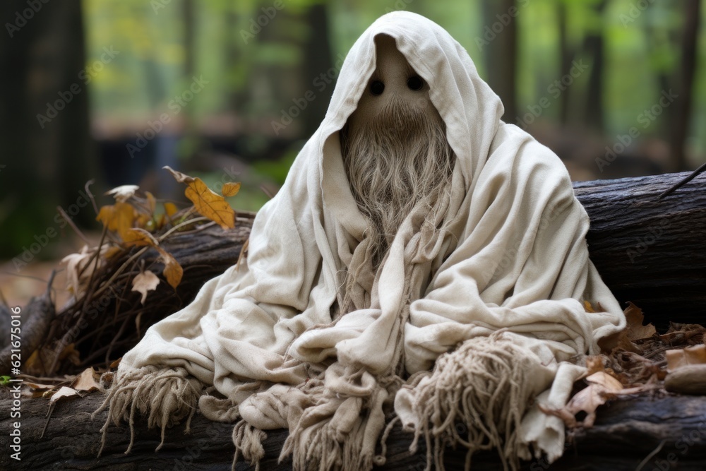 Poster a man in a hoodedie sitting on a log in the woods. generative ai image.