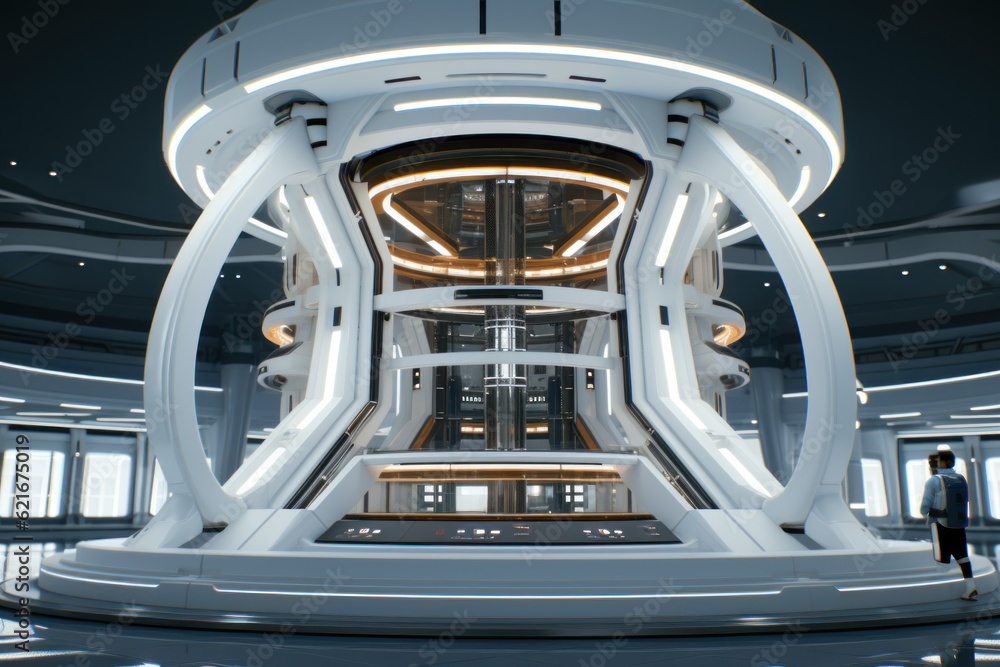 Poster a futuristic building with a clock on the top of it. generative ai image.