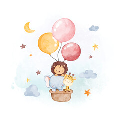 Watercolor illustration cute animals and balloon with clouds and stars