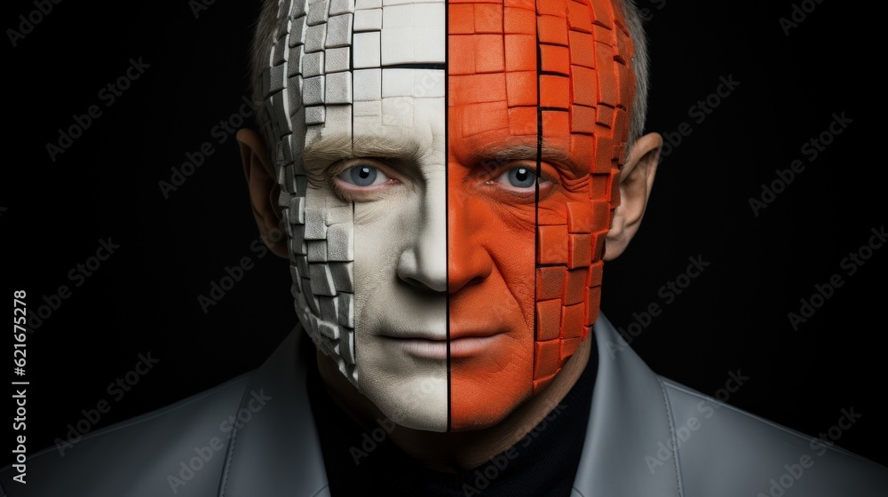 Poster a man in a suit with a red and white face. generative ai image.