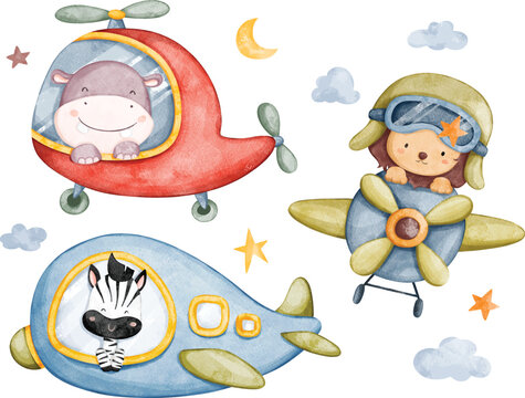 Watercolor illustration set of air transportation with safari animals star and moon elements