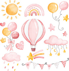 Watercolor Illustration set of nursery clipart for baby girl