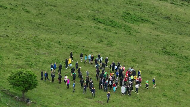 Aerial view of The GAA Poc Fada Championship at Shane O'Neills Hurling Club Glenarm Co Antrim Northern Ireland 07-07-23