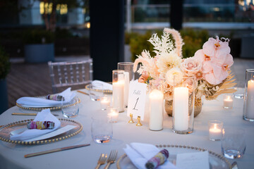 Beautiful Wedding Flowers Bouquet Event Design Arrangement Floral Events Reception Ceremony Love Romantic Tableware Silverware Invitation Centerpiece Glass Bokeh Background Garden Nature Pretty Lights