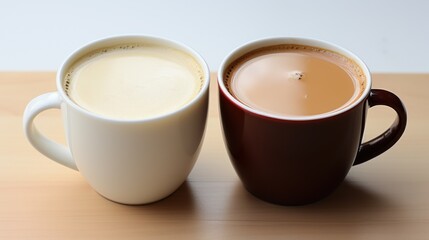 A couple of cups of coffee sitting on top of a wooden table. Generative AI image.