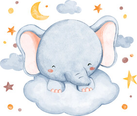 Watercolor illustration elephant and cloud with stars and moon
