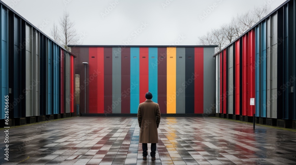 Poster a man in a coat standing in front of a colorful building. generative ai image.