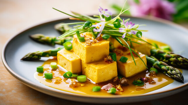 Generative AI image of umami-rich miso polenta adorned with vibrant spring vegetables, asparagus, and tofu, creating a visually stunning and flavorful plant-based masterpiece.