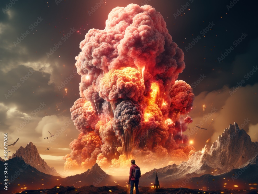 Poster a man standing in front of a huge explosion. generative ai image.