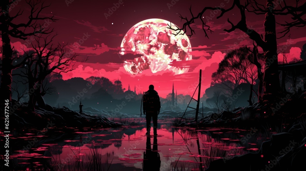Poster a person standing in a swamp with a full moon in the background. generative ai image.