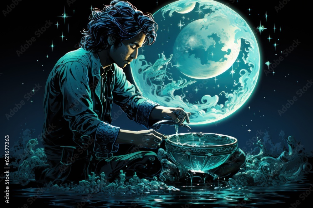 Poster a man sitting on the ground in front of a full moon. generative ai image.
