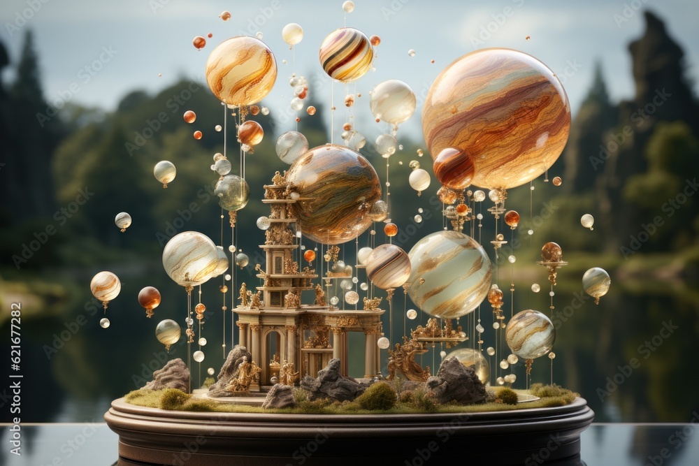 Poster a model of a building with many planets floating around it. generative ai image.