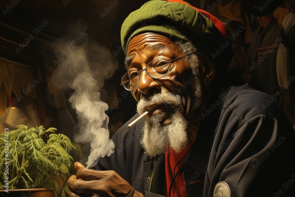 Poster a man with a beard and a hat smoking a cigarette. generative ai image.
