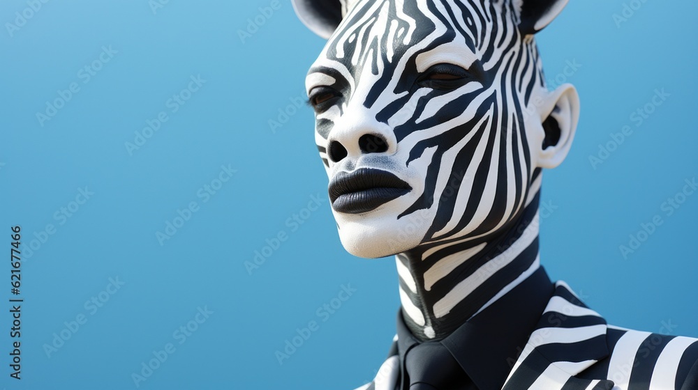 Poster a man with a zebra painted on his face. generative ai image.