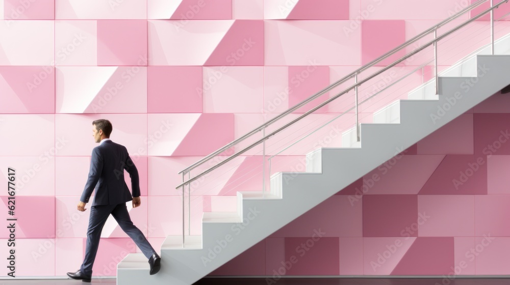 Poster a man in a suit walking up a set of stairs. generative ai image.