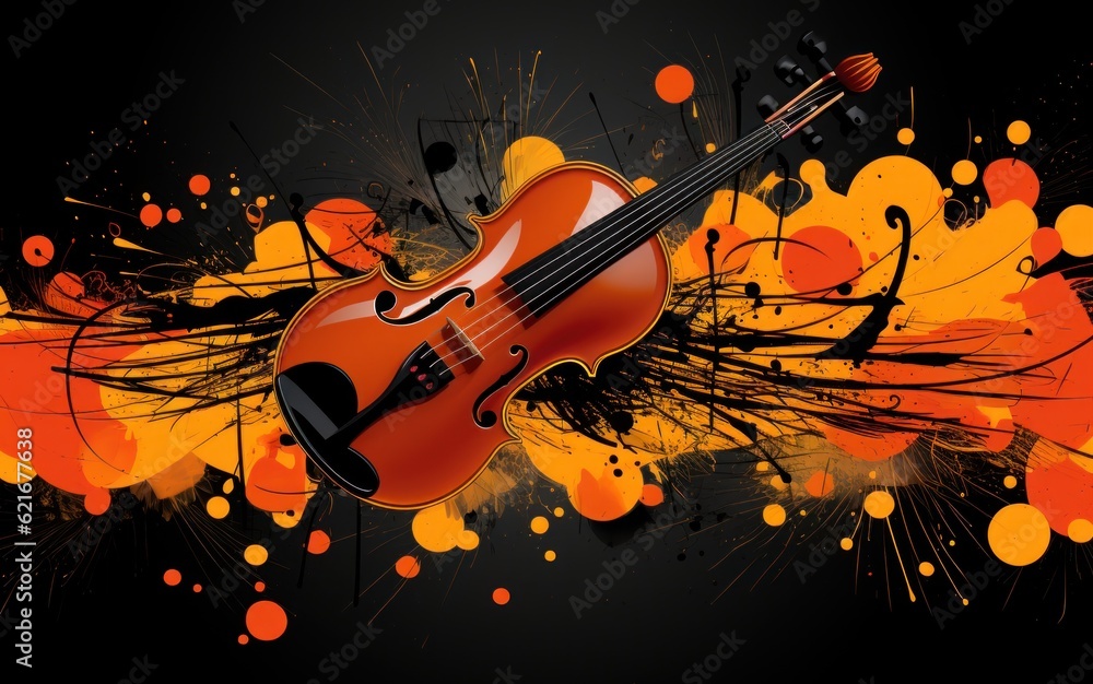 Poster a violin on a black background with musical notes. generative ai image.