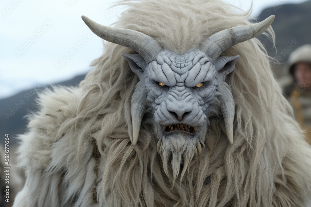Poster a close up of a person wearing a goat mask. generative ai image.