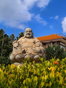 Buddha image in a flowery and green garden. Buddha in a temple. Zu Lai temple