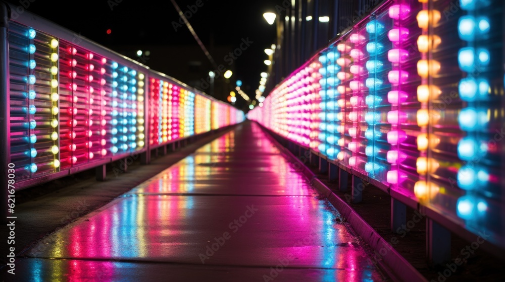 Poster a long line of colorful lights on the side of a building. generative ai image.