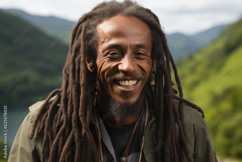 Poster a man with dreadlocks smiles at the camera. generative ai image.
