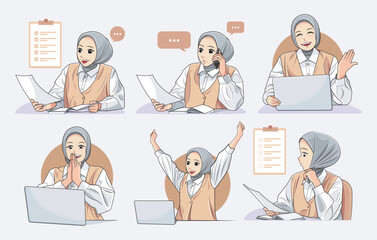 Muslim business woman characters set. Young women in hijab characters set vector illustration