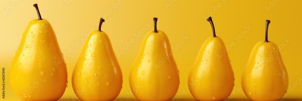 Poster a row of yellow pears sitting in a row. generative ai image.