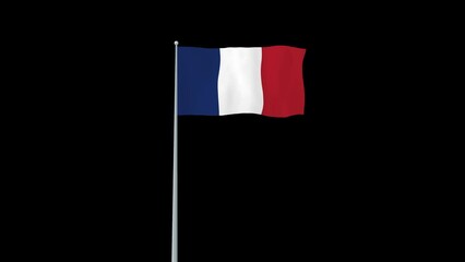Animation of france waving flag on flag pole with alpha channel transparent background