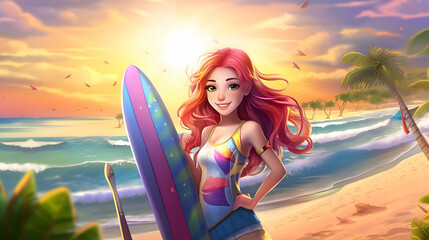 anime girl surfer on vacation on the beach