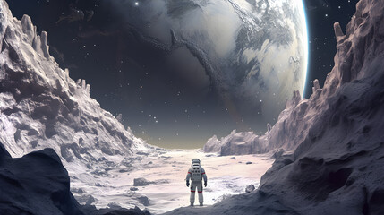 Fototapeta na wymiar Astronaut stand on planet in outer space . Created by generative AI .