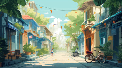 flat vector art illustration Travel poster featuring Ha noi Old Street Breathtaking Pastel blues Wide angle, generative AI_04