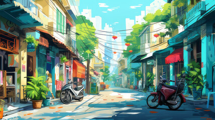 flat vector art illustration Travel poster featuring Ha noi Old Street Breathtaking Pastel blues Wide angle, generative AI_01