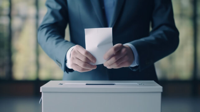 a man in a suit lowers a ballot with his voting vote into a voting basket at a polling station. concept of free elections and democracy. Generative AI