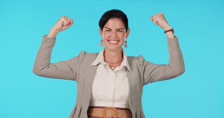 Champion, business woman and excited winner, flexing muscle and happiness, empowerment and gender equality. Winning, fight and professional female in portrait, success and pride on blue background