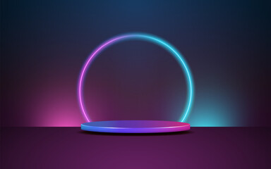 product podium display 3d Empty Cylinder and neon circle light color background