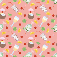 Colorful seamless pattern of refreshing drinks with fruits and berries. Vector illustration