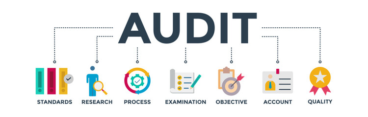 Audit banner web icon vector illustration concept with icon of standards, research, process, examination, objective, account, and quality
