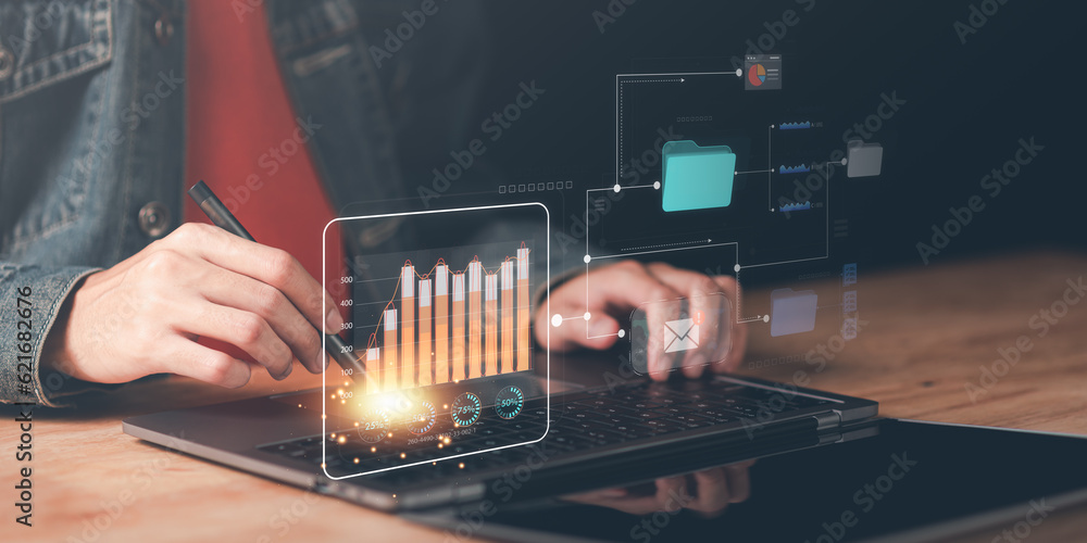 Poster statistical analyst reading graph report and business statistics charts ,Analysis and improvement of corporate strategy ,manage financial and marketing documents , Statistics and Data Concepts