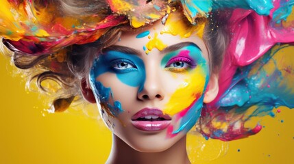 Art Portrait of a beautiful woman with creative make-up and colorful splashes. Portrait of a attractive girl with colorful splashes on her face.