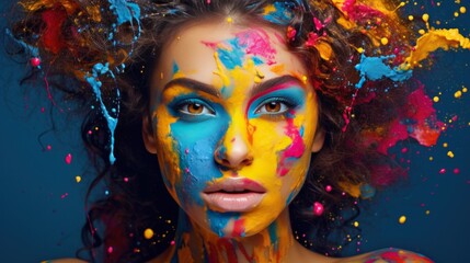 Obraz premium Art Portrait of a beautiful woman with creative make-up and colorful splashes. Portrait of a attractive girl with colorful splashes on her face.