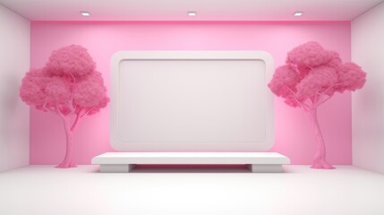 White interior with pink wall and trees for advertising and mocap. AI generation 