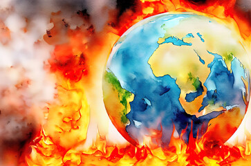 Obraz na płótnie Canvas earth global in fire background in watercolor with Generative AI.