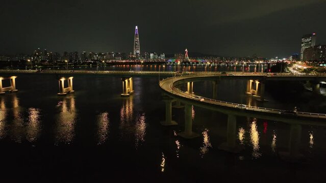 서울 한강 다리 야간 드론 영상	
