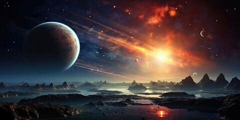 Fototapeta na wymiar Sunrise over group of planets in space