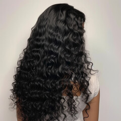 Naklejka premium young woman with dark and curly hair .back view. Banner or poster. Social media content for beauty salons. Generative AI