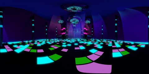 3D Illustration; Computer-generated imagery;  CGI modeling; HDRI; 360º view panoramic; VR; Dance floor disco-ball night neon lights